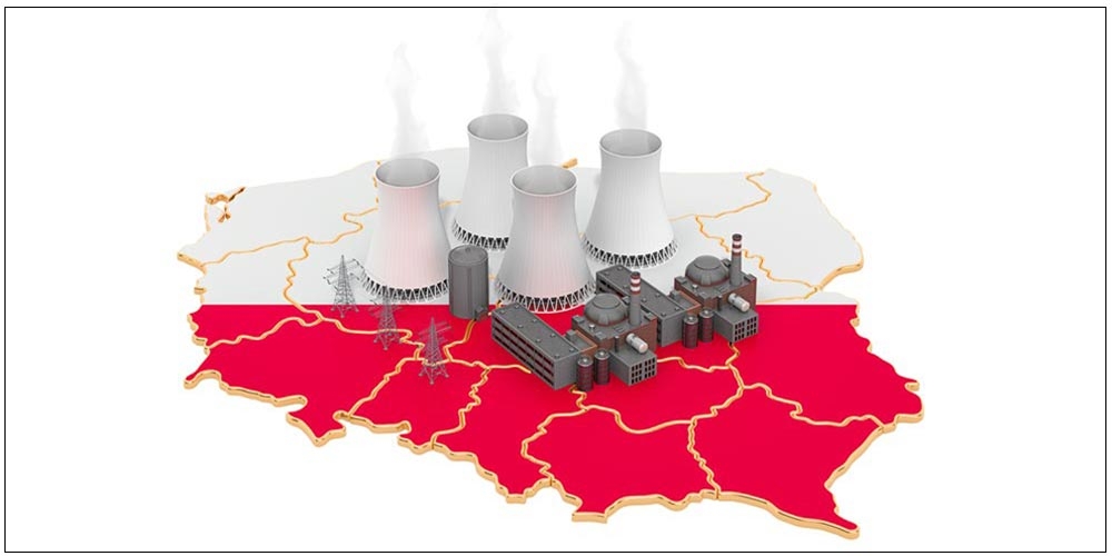Illustration: drapaux de la Pologne avec centrales nucléaires