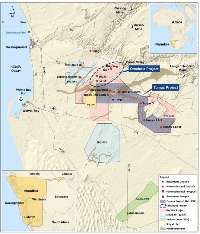 Karte von Namibia mit Standort Uranmine Tumas