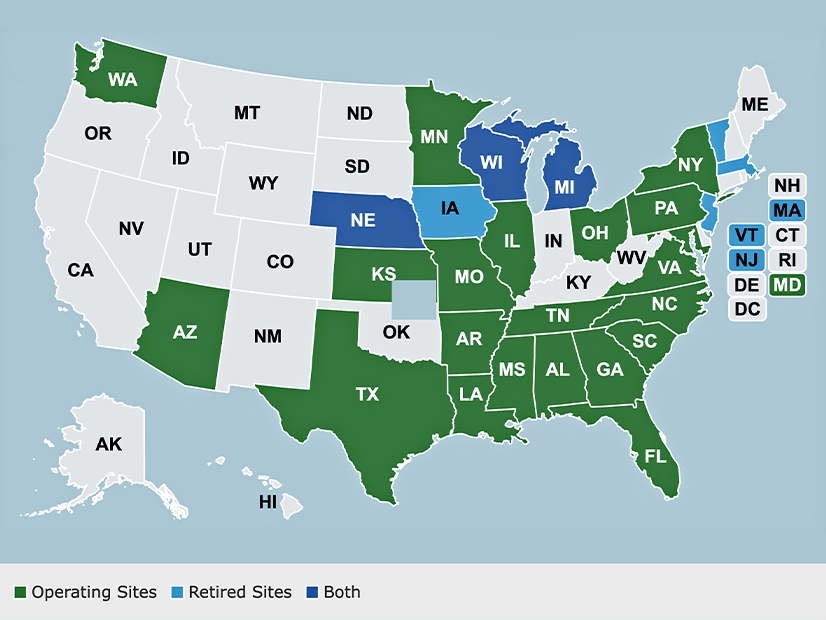 Carte des États-Unis montrant les sites nucléaires