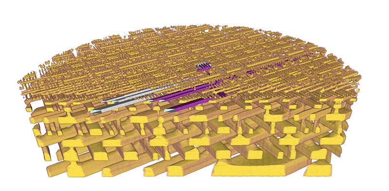 Représentation en 3D du PSI de la structure interne d’une micropuce Intel avec une vue directe du niveau où se trouvent les transistors.