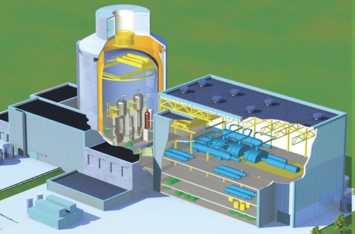 Schéma virtuel d&#39;une tranche AP1000, avec vue à l&#39;intérieur du bâtiment réacteur.