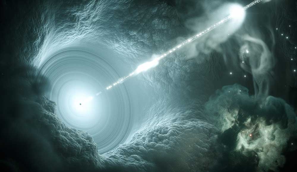 Künstlerische Darstellung eines aktiven Galaxienkerns, wo ein supermassives Schwarzes Loch einen energiereichen, scharf gebündelten Teilchenstrahl ins All schickt.