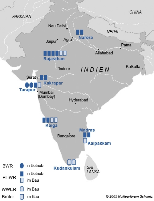 Standorte der in Indien in Betrieb oder in Bau stehenden Kernkraftwerksblöcke.