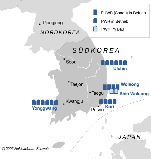 In Südkorea sind zurzeit 20 Kernkraftwerksblöcke in Betrieb. Der Kernenergieanteil an der Stromversorgung beträgt rund 45%.