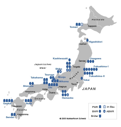 Übersicht der in Japan in Betrieb und in Bau stehenden Kernkraftwerksblöcke.