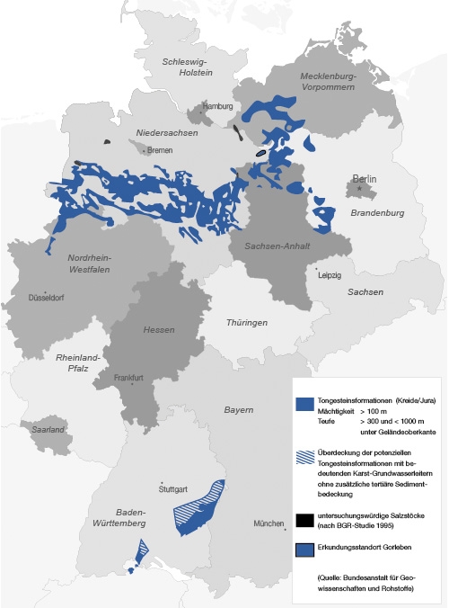 Karte der untersuchungswürdigen Steinsalz- und Tongesteinsformationen in Deutschland
