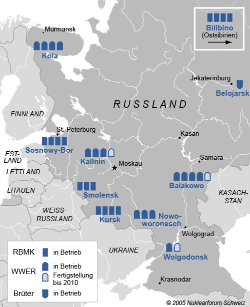 Übersicht der in Russland in Betrieb und in Bau stehenden Kernkraftwerksblöcke.