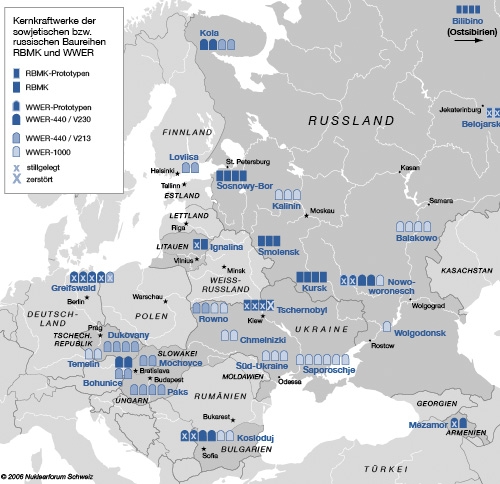 Kernkraftwerke der sowjetischen bzw. russischen Baureihen RBMK (graphitmoderierte Siedewasser-Druckröhrenreaktoren) und WWER (Druckwasserreaktoren) in den Ländern Mittel- und Osteuropas sowie der ehemaligen Sowjetunion. Bei den beiden WWER-440-V213 in Finnland wurden bereits beim Bau die westlichen Sicherheitsstandards berücksichtigt.