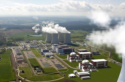 So könnte der Kernkraftwerksstandort Temelin nach der Erweiterung aussehen: Computersimulation nach dem Zubau von zwei Kernkraftwerkseinheiten des Typs EPR.