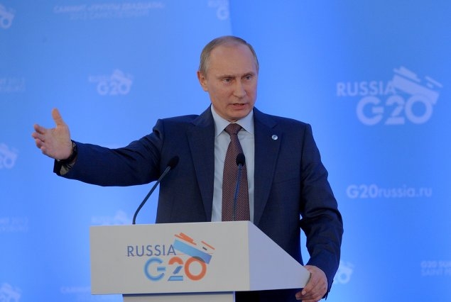 An der Pressekonferenz im Anschluss an den G20-Gipfel stellte der russische Präsident Wladimir Putin die gemeinsame Erklärung vor.