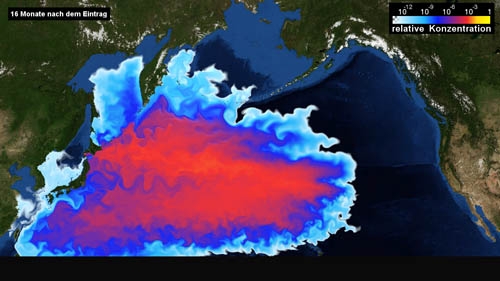 Simulation de la propagation de l&#39;eau contaminée à l&#39;été 2012, soit 16 mois après l&#39;accident de réacteur. Les couleurs représentent la dilution en relation avec la concentration de déversement initiale dans les eaux de la côte japonaise: les valeurs les plus élevées (en rouge) représentent encore environ un millième des valeurs mesurées en avril 2011.