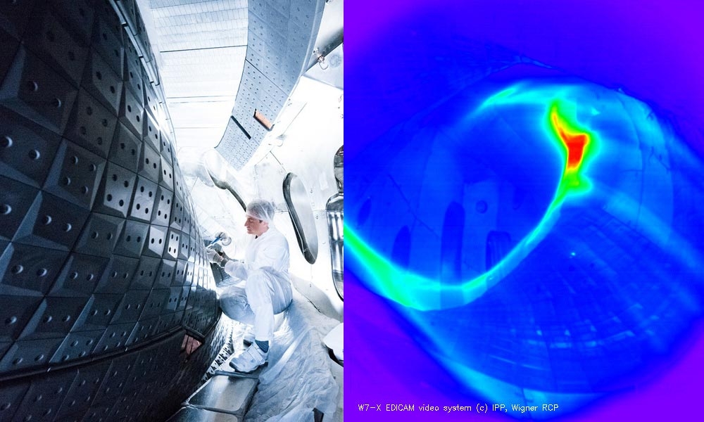 Blick in das mit Grafitkacheln verkleidete Plasmagefäss. Das Bild rechts zeigt ein eingefärbtes Schwarz-Weiss-Foto einer Plasmaentladung.