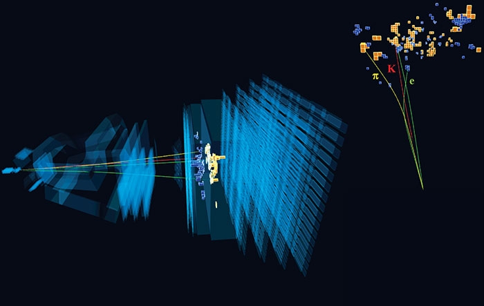 Sehr seltener Zerfall eines Beauty-Quarks unter Beteiligung eines Elektrons und Positrons, das mit dem LHCb-Detektor beobachtet wurde.