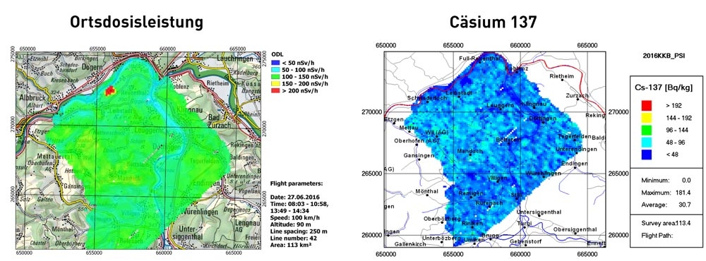 Comme prévu, les vols de mesure 2016 ont constaté des débits de dose ambiants plus élevés au-dessus de la salle des machines de la centrale nucléaire de Leibstadt (à gauche). Aucune particularité n’a été constatée qui indique des dépôts artificiels de césium.