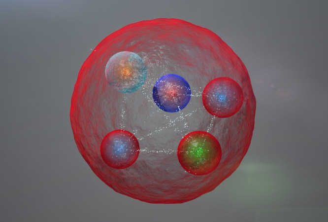 La nouvelle particule de pentaquark observée se compose de cinq quarks. Illustration de l’agencement possible des quarks dans une particule pentaquark comme celle découverte par la collaboration LHCb.
