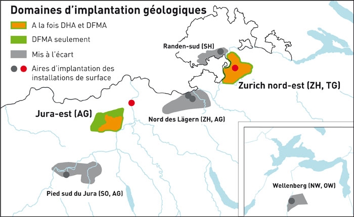 Sur la base des investigations menée et résultats de la comparaison des sites sur le plan de la sécurité technique, la Nagra propose d’examiner de manière plus approfondie les sites de Zurich nord-est et de Jura-est dans le cadre de l’étape 3. (DHA: déchets de haute activité; DFMA: déchets de faible et de moyenne activité)