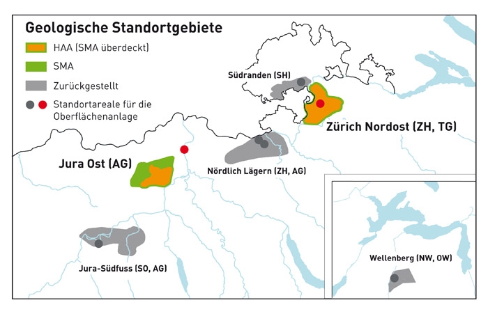 Die Nagra schlägt basierend auf ihren Untersuchungen und den Ergebnissen des sicherheitstechnischen Vergleichs die Standortgebiete Zürich Nordost und Jura Ost für die weiteren Untersuchungen für Etappe 3 vor (HAA = hochaktive Abfälle, SMA = schwach- und mittelaktive Abfälle).