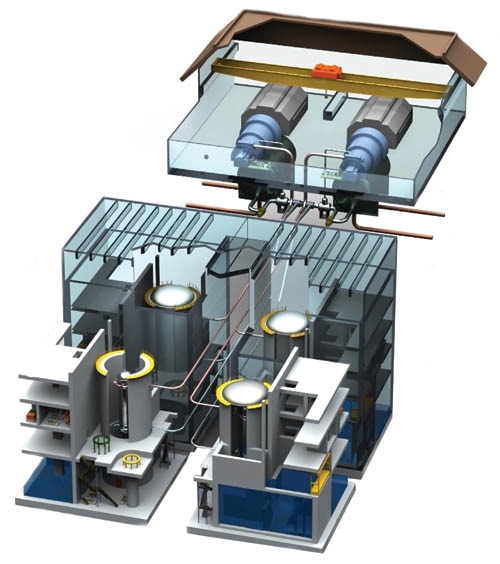 Vier mPower-Reaktoren sind zu einer 500-MW-Anlage zusammengeschlossen. Ausgediente Brennstäbe können bis nach Ablauf der 60-jährigen Betriebszeit vor Ort gelagert werden.