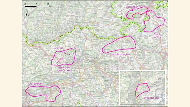 Übersichtskarte der vorgeschlagenen geologischen Standortgebiete aus Etappe 1.