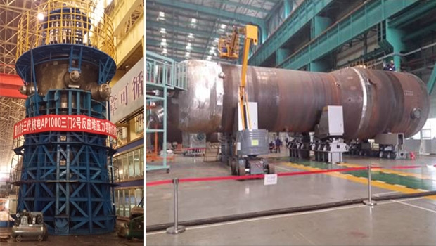 Pour la première fois, une cuve de réacteur (à gauche) et un générateur de vapeur destinés à un AP1000 ont été fabriqués en Chine.