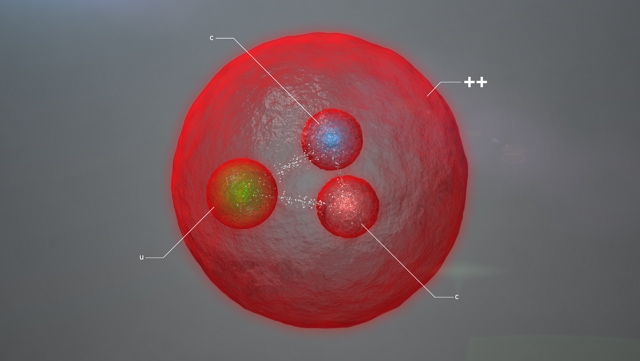Künstlerische Darstellung des neuen Teilchens, das aus zwei Charm-Quarks (c) und einem Up-Quark (u) besteht.