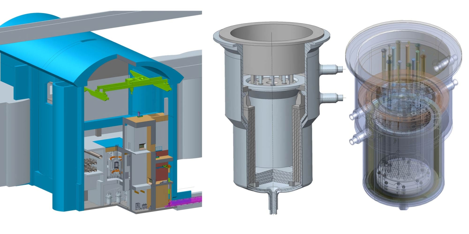 Skizze des Flüssigsalz-Forschungsreaktors IZhSR mit Detailansicht des Reaktorbehälters.