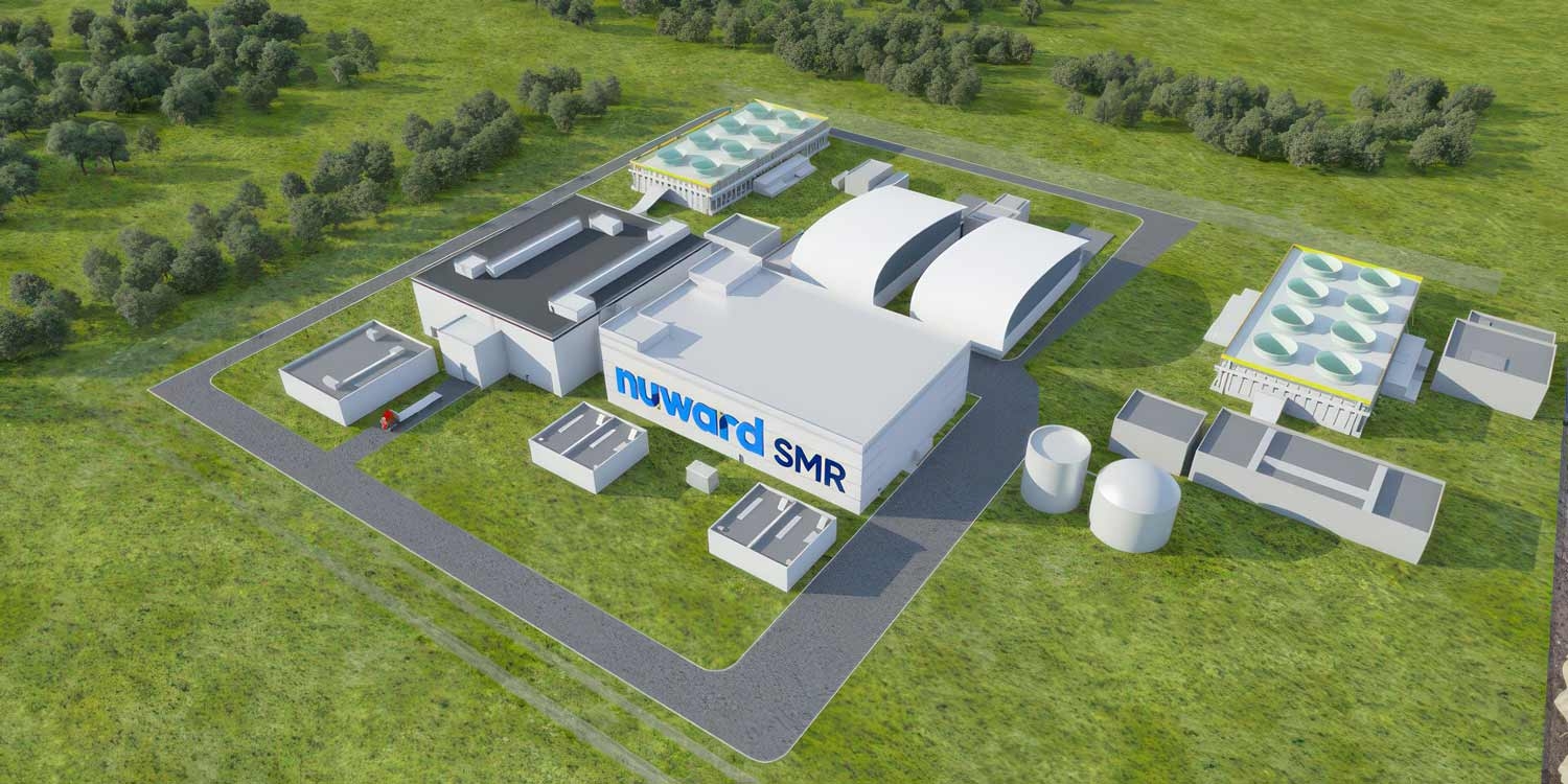 Fotorealistische Darstellung eines Nuward-Kernkraftwerks, das aus zwei Nuward-Druckwasser-SMR mit einer elektrischen Leistung von je 170 MW besteht.