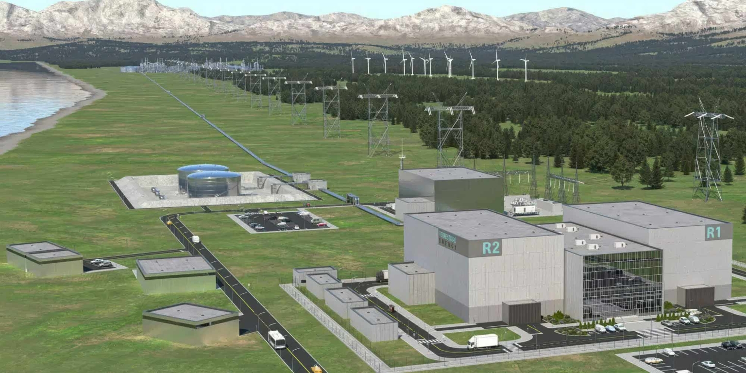 Vue d'une centrale nucléaire de Terrestrial Energy composée de deux réacteurs à sels liquides IMSR400.