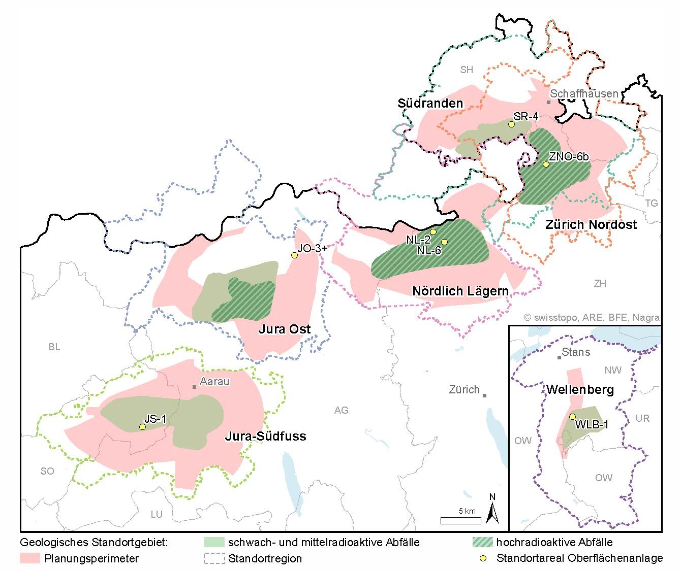 Karte der von der Nagra vorgeschlagenen möglichen Areale für die Platzierung der Oberflächenanlage eines geologischen Tiefenlagers.