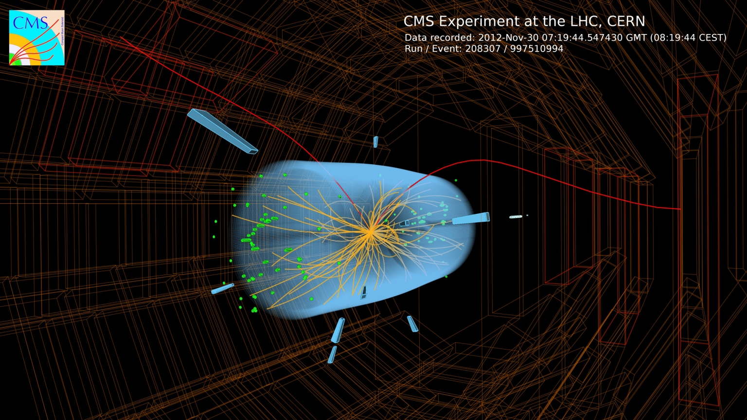 Die roten Linien dieses «Ereignisses» im CMS-Detektor des LHC zeigen die Spuren zweier Myonen. Wegen des Magnetfeldes sind die Spuren gebogen. Die goldenen Linien entsprechen verschiedenen Teilchenspuren im Inneren des Detektors.