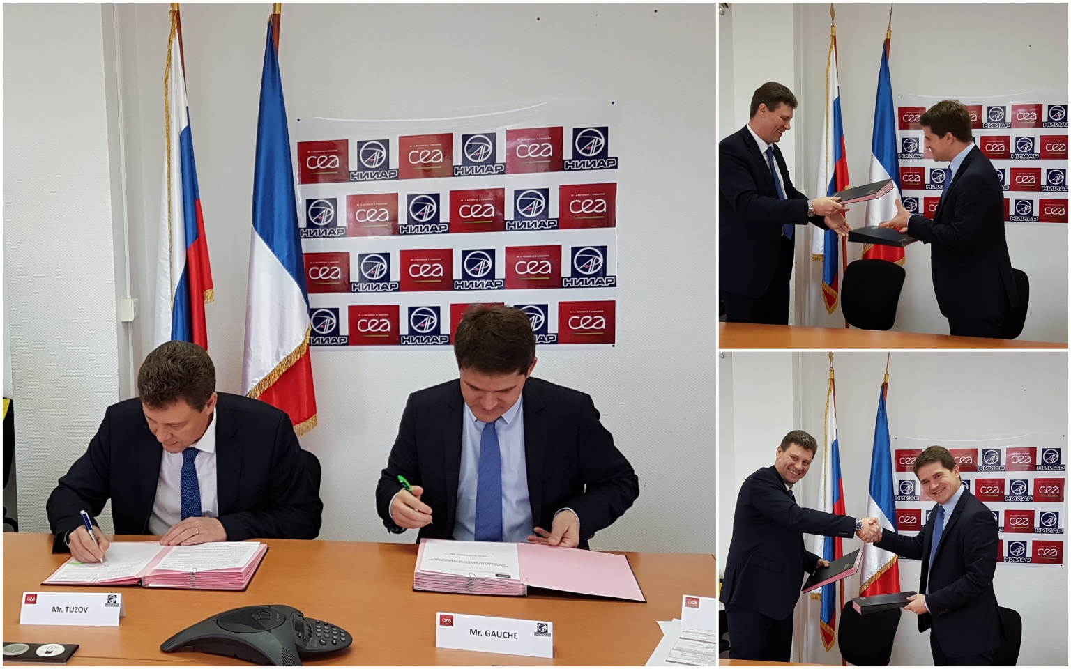 Le directeur du RIAR, Alexander Tousov (à gauche), et le directeur du CEA, François Gauché, lors de la signature du contrat à Cadarache (France).