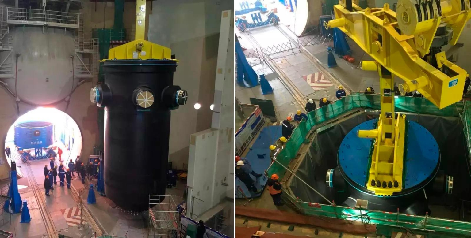 Der Reaktordruckbehälter wird ins Reaktorgebäude der chinesischen der ACPR-1000-Einheit Hongyanhe-6 gesetzt. Die Einheit soll 2021 den Betrieb aufnehmen.