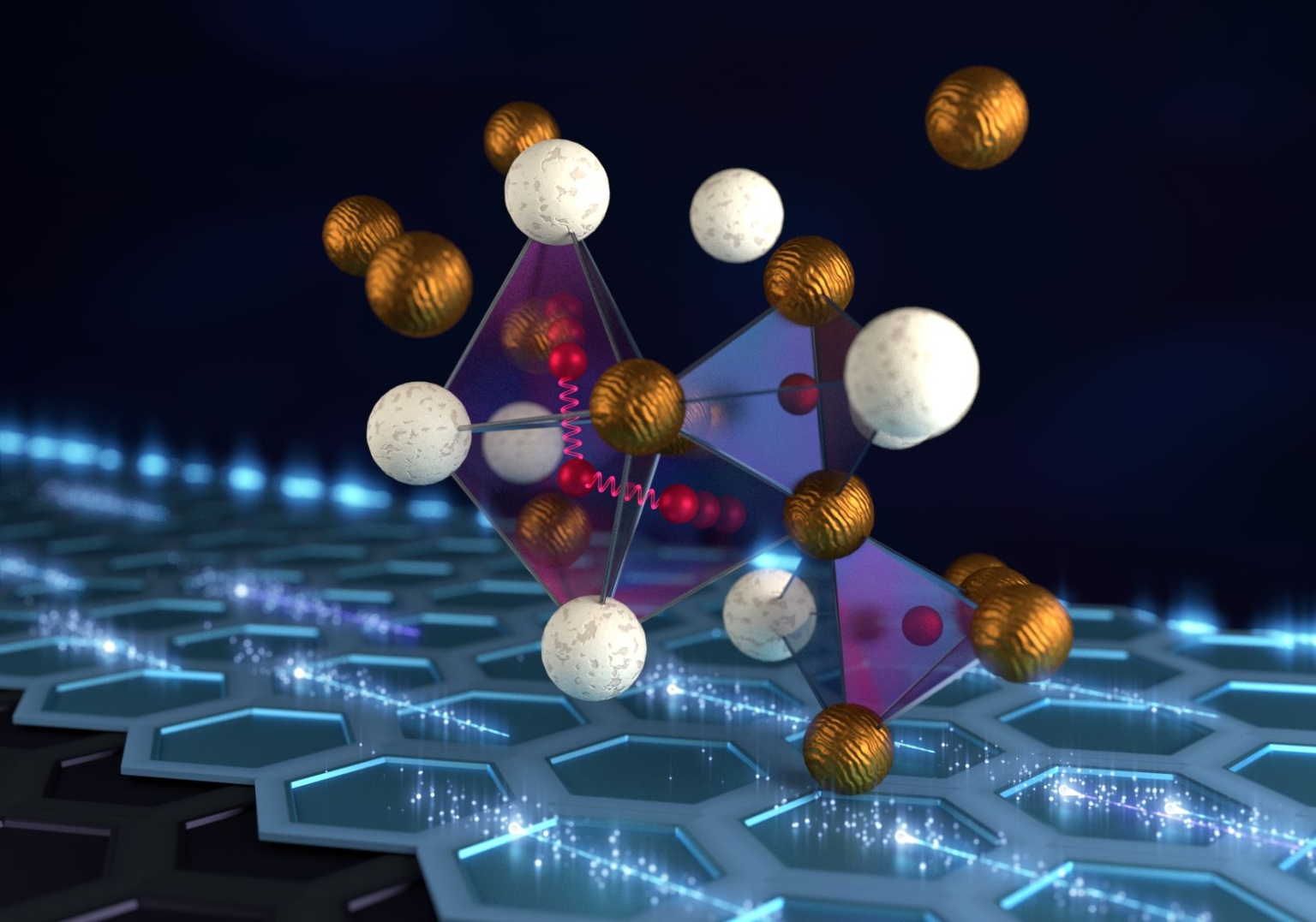 Représentation d'une structure atomique d'hydrure de zirconium et de vanadium: le réseau est composé d'atomes de vanadium (en bleu) et d'atomes de zirconium (en vert) entourant des atomes d'hydrogène (en rouge).