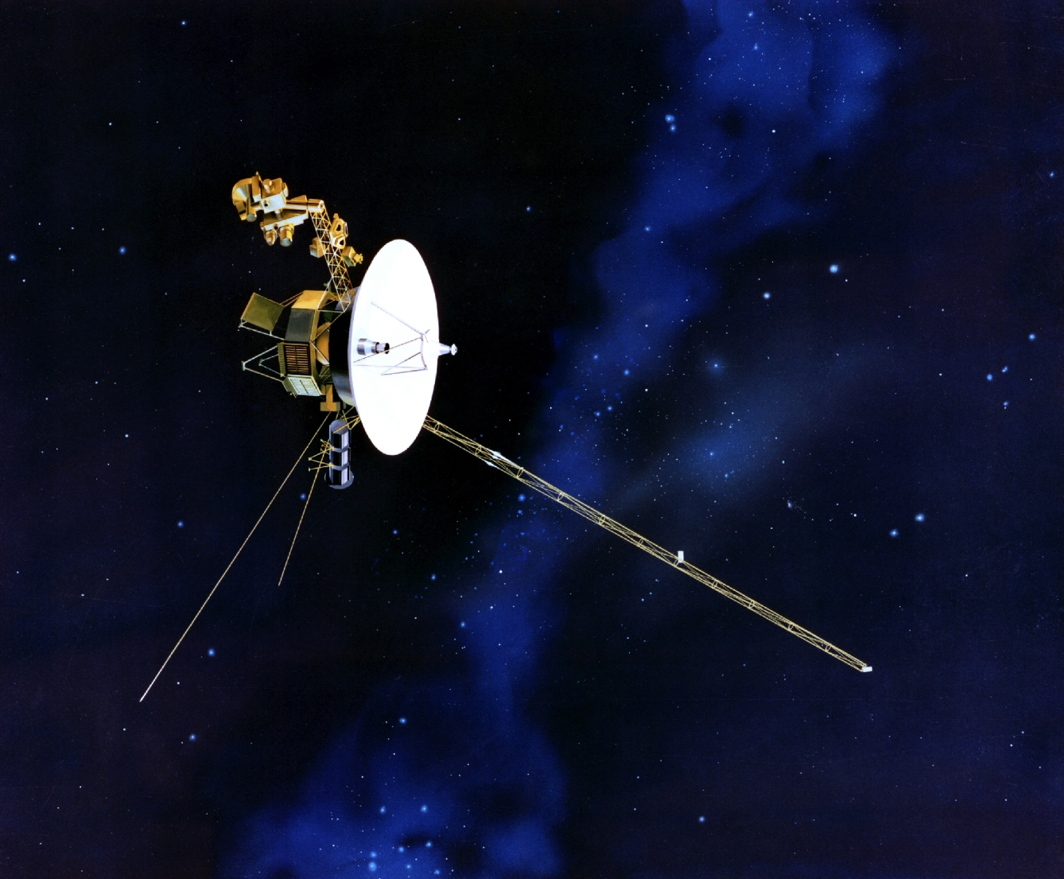 Représentation de la sonde Voyager dans l’espace: les deux sondes Voyager 1 et 2 poursuivent leur chemin.