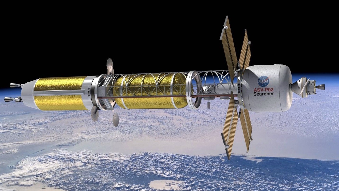 Illustration eines konzeptionellen Raumfahrzeugs mit nuklearthermischem Antrieb.