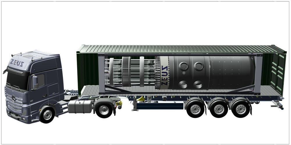 Zeus-Mikroreaktor in einem Standard-ISO-Container auf einem Lastwagen