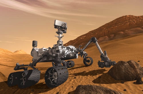 Curiosity hat die Grösse eines Kleinwagens. Die Kameras auf den Masten sind auf rund 2 m Höhe und helfen den Wissenschaftern bei der Lokalisierung von Marsgesteinen (Fotomontage).